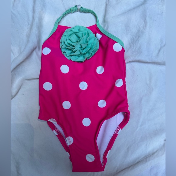 CIRCO Pink With Green Trim and Flower Polkadot Swimsuit Size 12 Months Baby - Picture 1 of 6